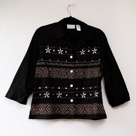 Alfred Dunner Petite 10P Black linen beaded button down shirt women's artsy boho - Picture 1 of 7